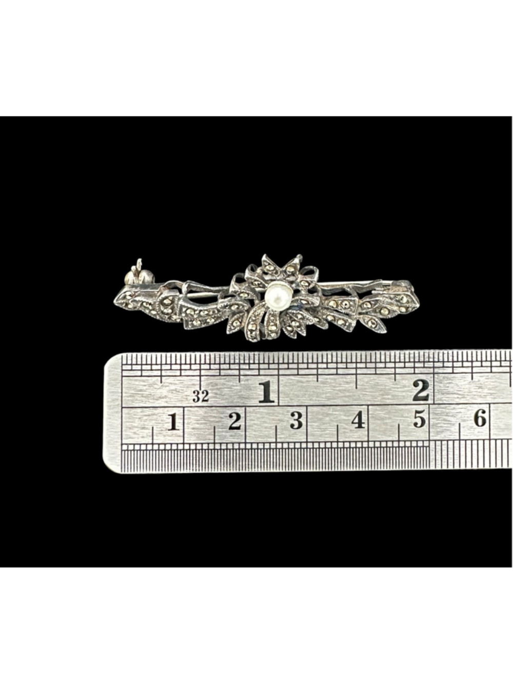 Vintage Thai 925 Sterling Silver Marcasite and Pearl Accent Floral Bar Brooch - Picture 3 of 5